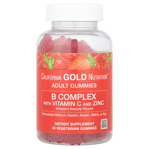 California Gold Nutrition, жевательная добавка с витаминами группы B, витамином C и цинком, натуральный клубничный вкус, 90 вегетарианских жевательных таблеток