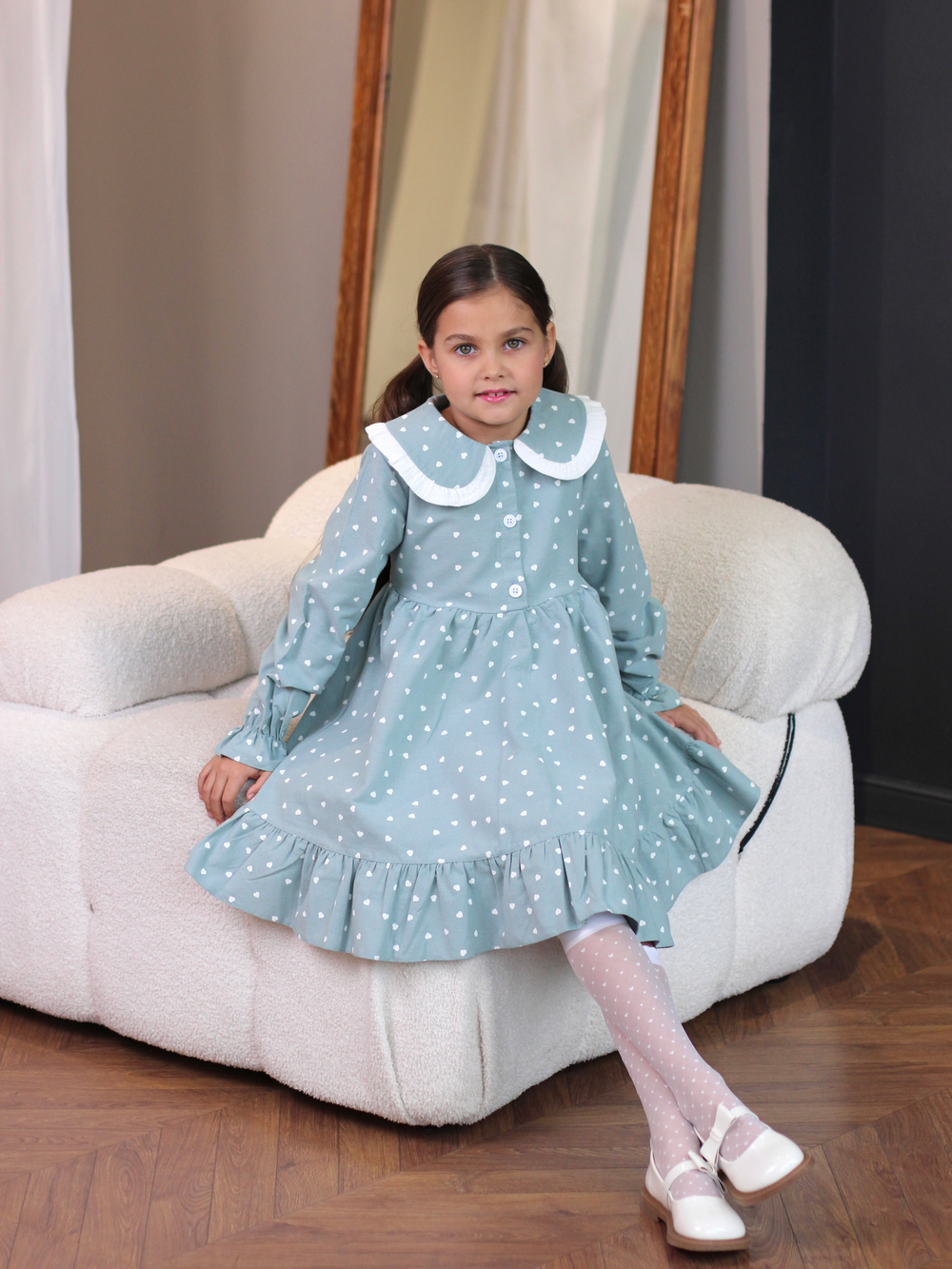 Платье из фланели с длинным рукавом «Сердечки», цвет мятный