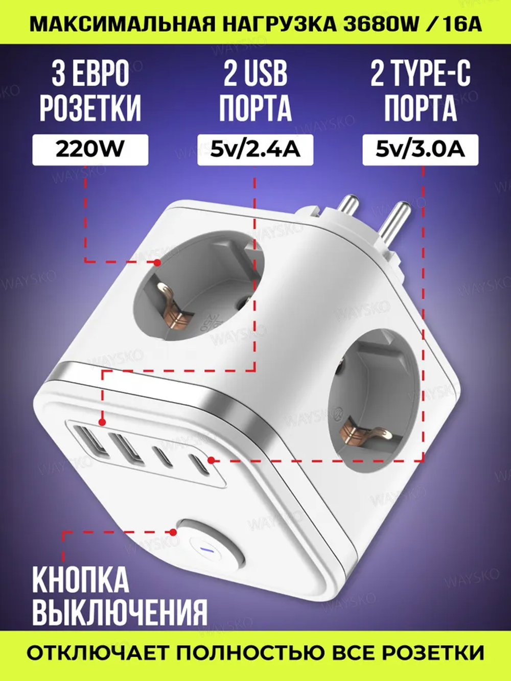 Тройник для розетки сетевой куб WAYSKO, 3 евро розетки 220V с заземлением, 2 USB, 2 Type-C, 16 A/3680 Вт, разветвитель с выключателем, белый