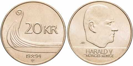 Норвегия 20 крон, 1994-2009 Король Харальд V XF