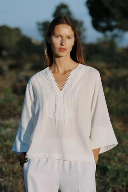 ZARA ХЛОПКОВАЯ БЛУЗА КИМОНО, БЕЛЫЙ
