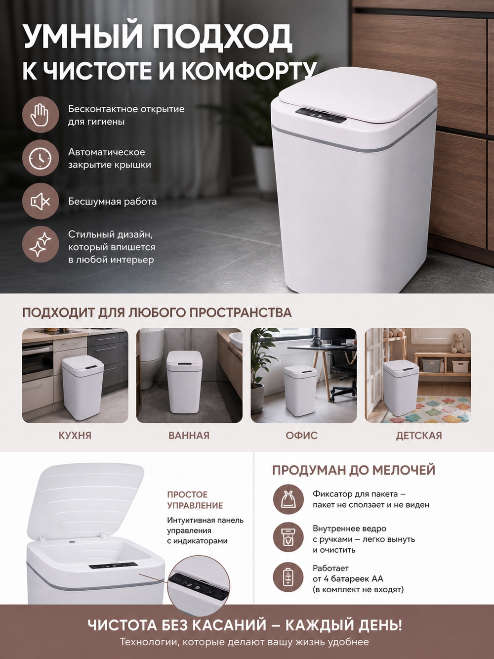 Контейнер для мусора»Smart «16л белый сенсорная крышка работает от батареек LR6 W8622B