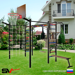 Уличная шведская стенка Sv Sport рукоход с комплектом турник прямой 2шт У5357К (Турник/Брусья/Стойка/Скамья/Деревянные/Щит баскет/Кронш бокс/Сетка)