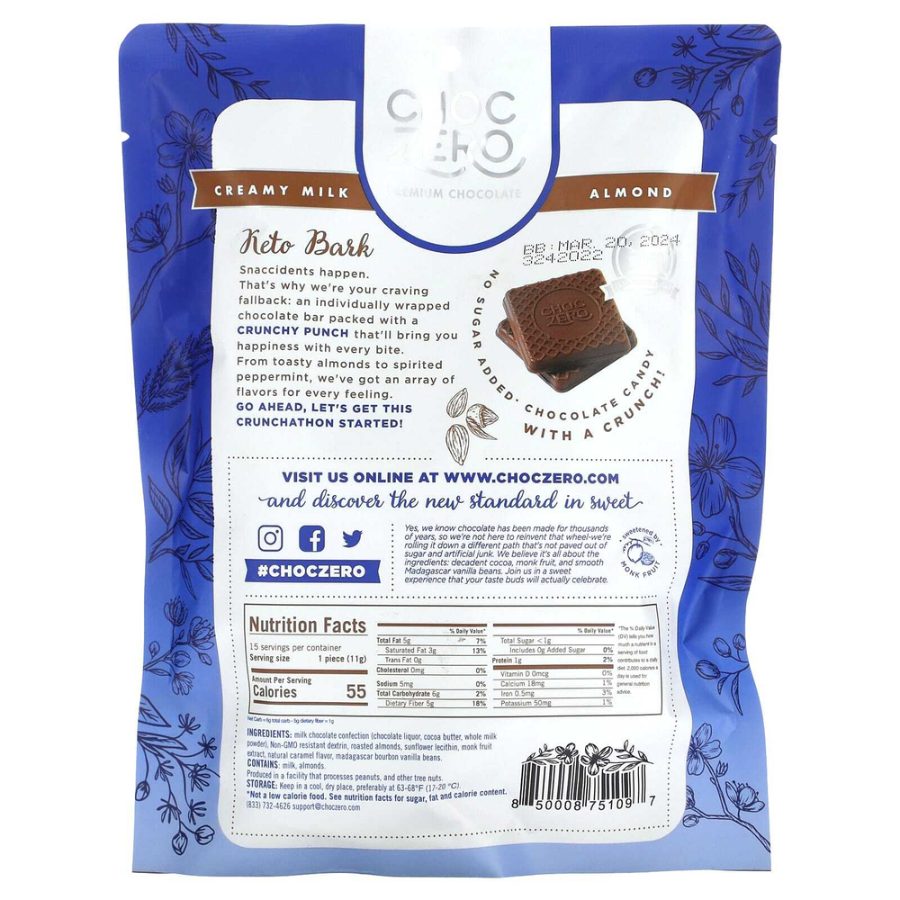 ChocZero, Keto Bark, молочный шоколад с миндалем без добавления сахара, 15 шт., 170 г (6 унций)