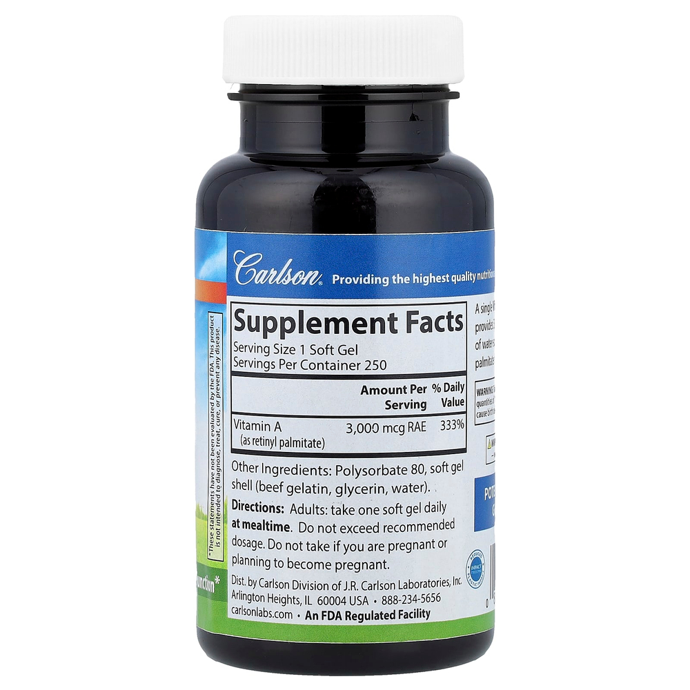 Carlson, витамин A, 3000 мкг RAE (10 000 МЕ), 250 капсул