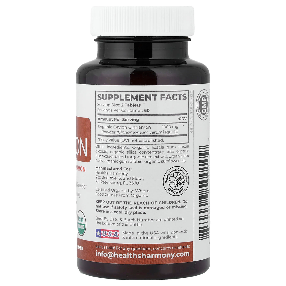 Healths Harmony, Органическая цейлонская корица, 120 таблеток (500 мг в каждой таблетке)