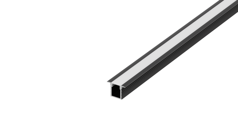 Встраиваемый алюминиевый профиль,  12, 4х9х2000мм. В комплекте матовый экран,  4 торцевые заглушки,  4 крепежа,  черный RAL9005