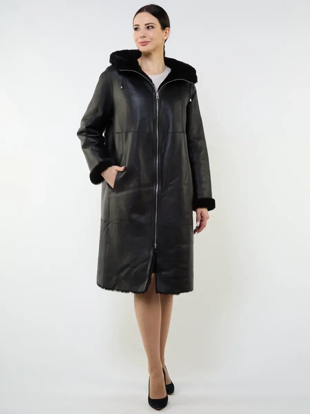 Дубленка зимняя двухсторонняя шуба с капюшоном
