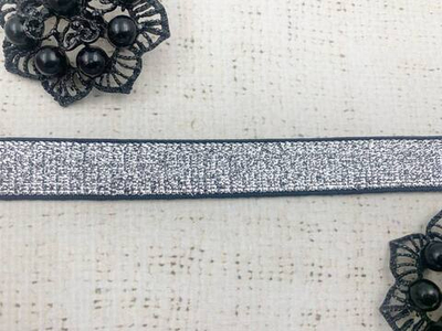 Резинка тканая, ш. 1,5 см, чёрный с серебром