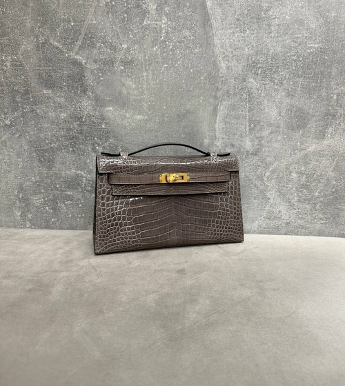 Сумка Hermes Kelly Pochette Etoupe Shiny Crocodile Gold Hardware