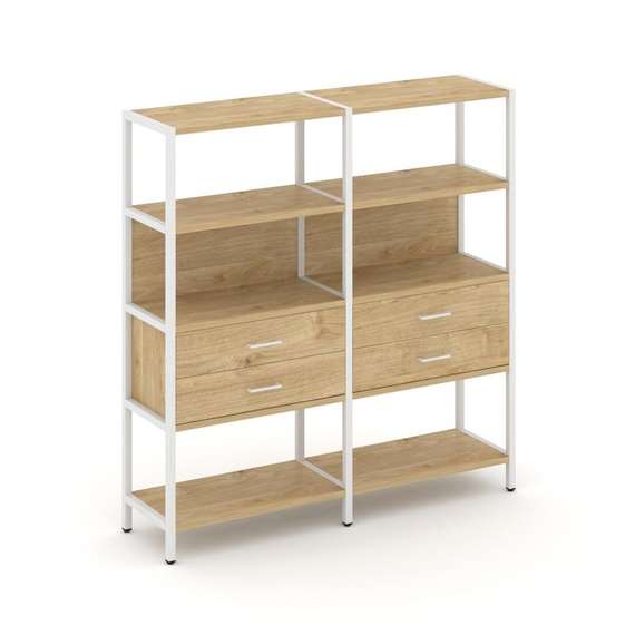 Shelf System Двухсекционный стеллаж четырехярусный с ящиками SN.STM-422 Тиквуд Светлый/Металл Белый
