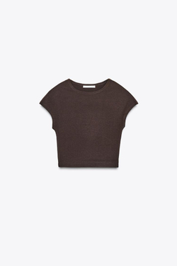 ZARA УКОРОЧЕННАЯ ФУТБОЛКА ИЗ ХЛОПКА И МОДАЛА, КОРИЧНЕВЫЙ