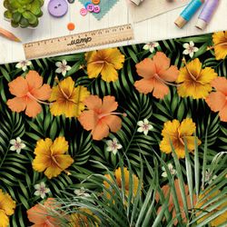 Ткань таффета крупные жёлтые цветы и яркий папоротник