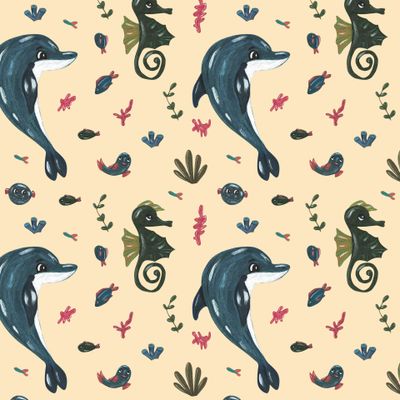 Морской конек и дельфин на персиковом фоне