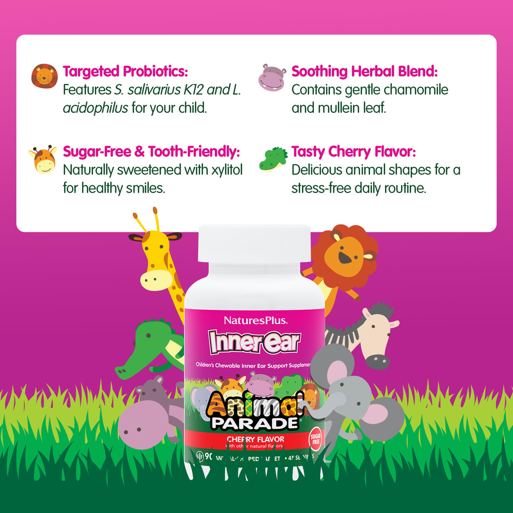 NaturesPlus, Animal Parade, жевательная добавка для поддержки здоровья внутреннего уха, для детей, с вишневым вкусом, 90 таблеток в форме животных