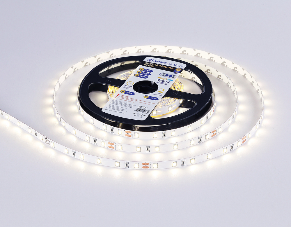 Светодиодная лента GS3002 2835 60Led/ 6W m/ 24V IP20 4500K/ 5000*8*1.2mm/ кратность резки 100mm (2 конт.)