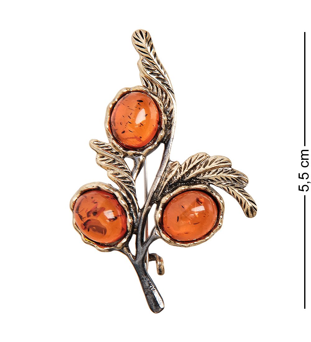 AM-2028 Брошь «Веточка шиповника» (латунь, янтарь)