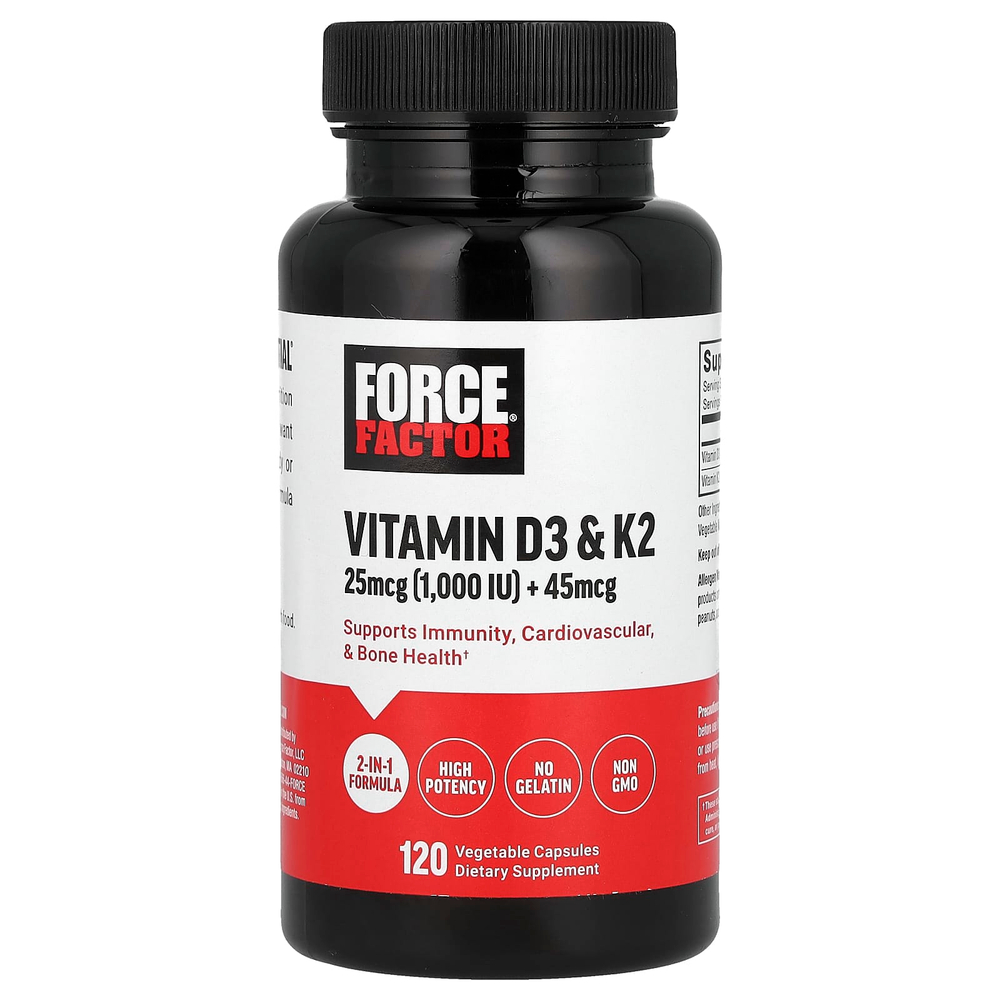 Force Factor, Витамины D3 и K2, 120 растительных капсул