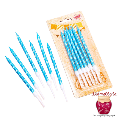 Свечи для торта ВИТЫЕ с подставкой 6 шт, 11 см, небесно-голубые
