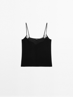 Massimo Dutti Топ в бельевом стиле с отделкой кружевом, черный