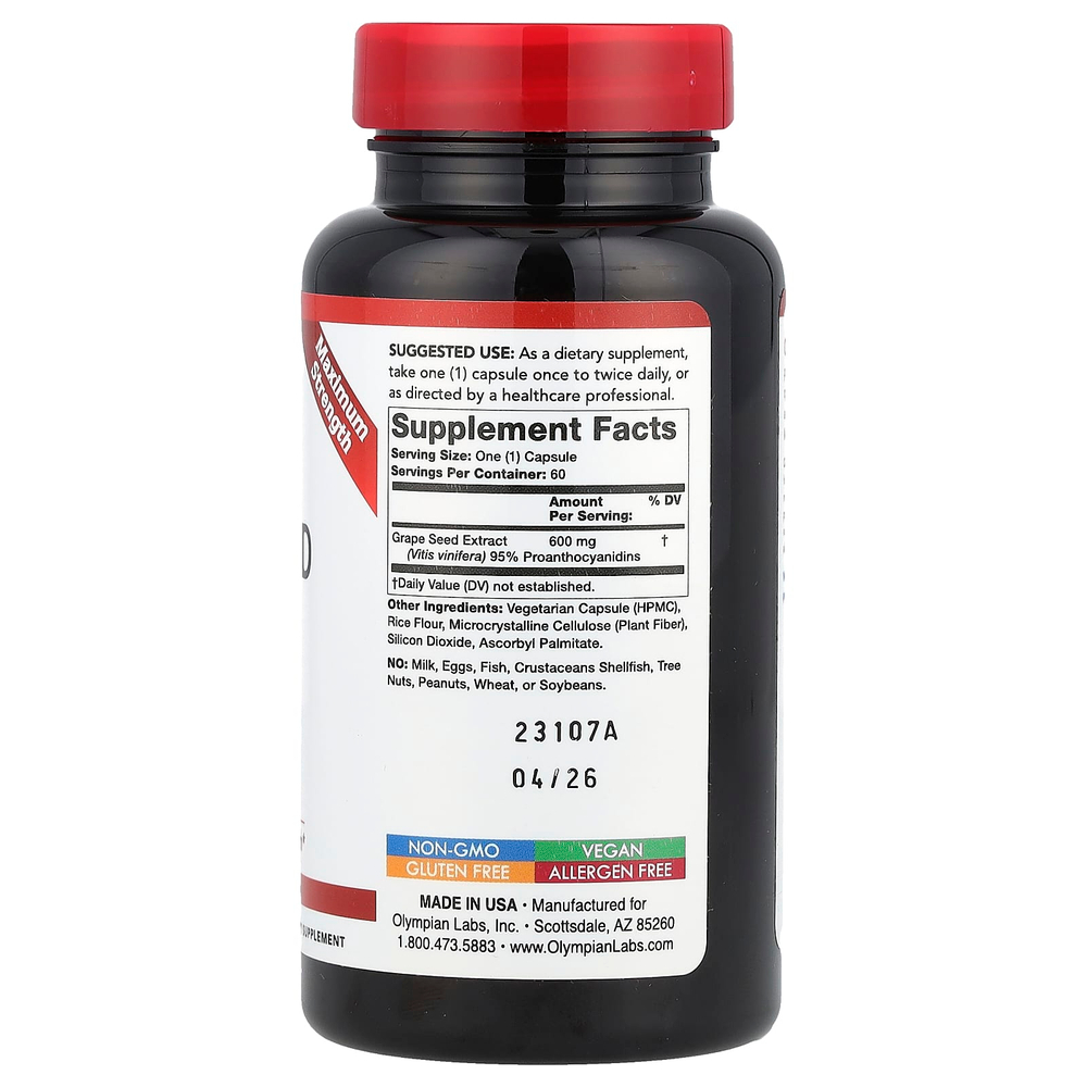 Olympian Labs, экстракт виноградных косточек, максимальная сила действия, 600 мг, 60 вегетарианских капсул