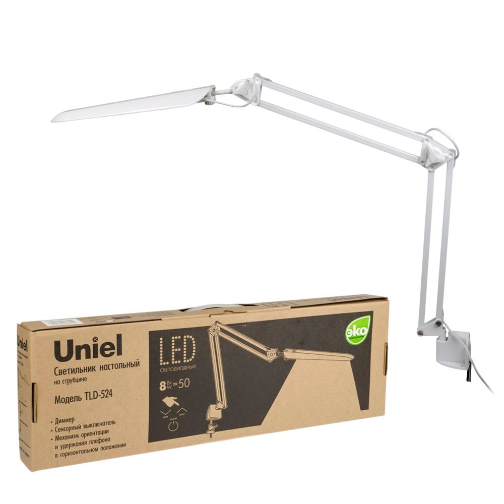 TLD-524 White-8W-Светильник настольный на струбцине-LED-500Lm-4500K-Dimmer-Цвет-белый