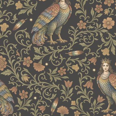 Птица сирин с цветами и звездами, винтажный сказочный стиль