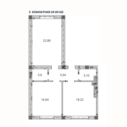 2-комн. квартира, 69,40 м²; 2,3 этажи