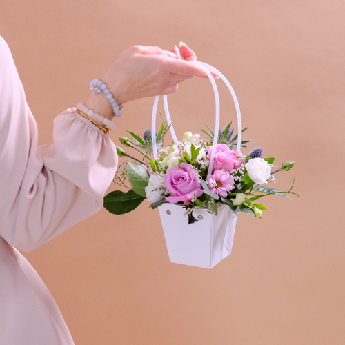 Купить Композиция в сумочке с лавандовыми розами#83