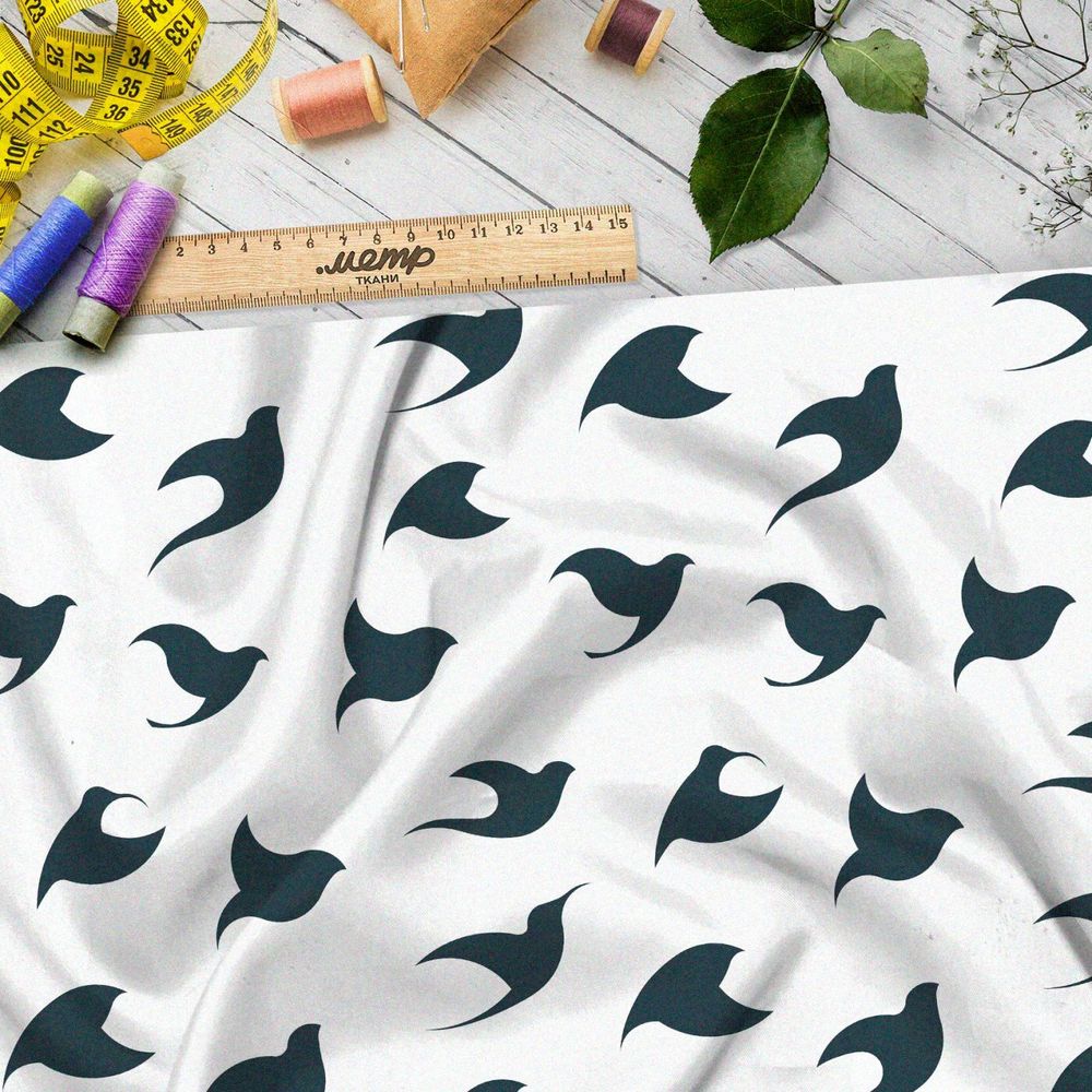 Ткань премиум бифлекс темные эскизы птиц на белом
