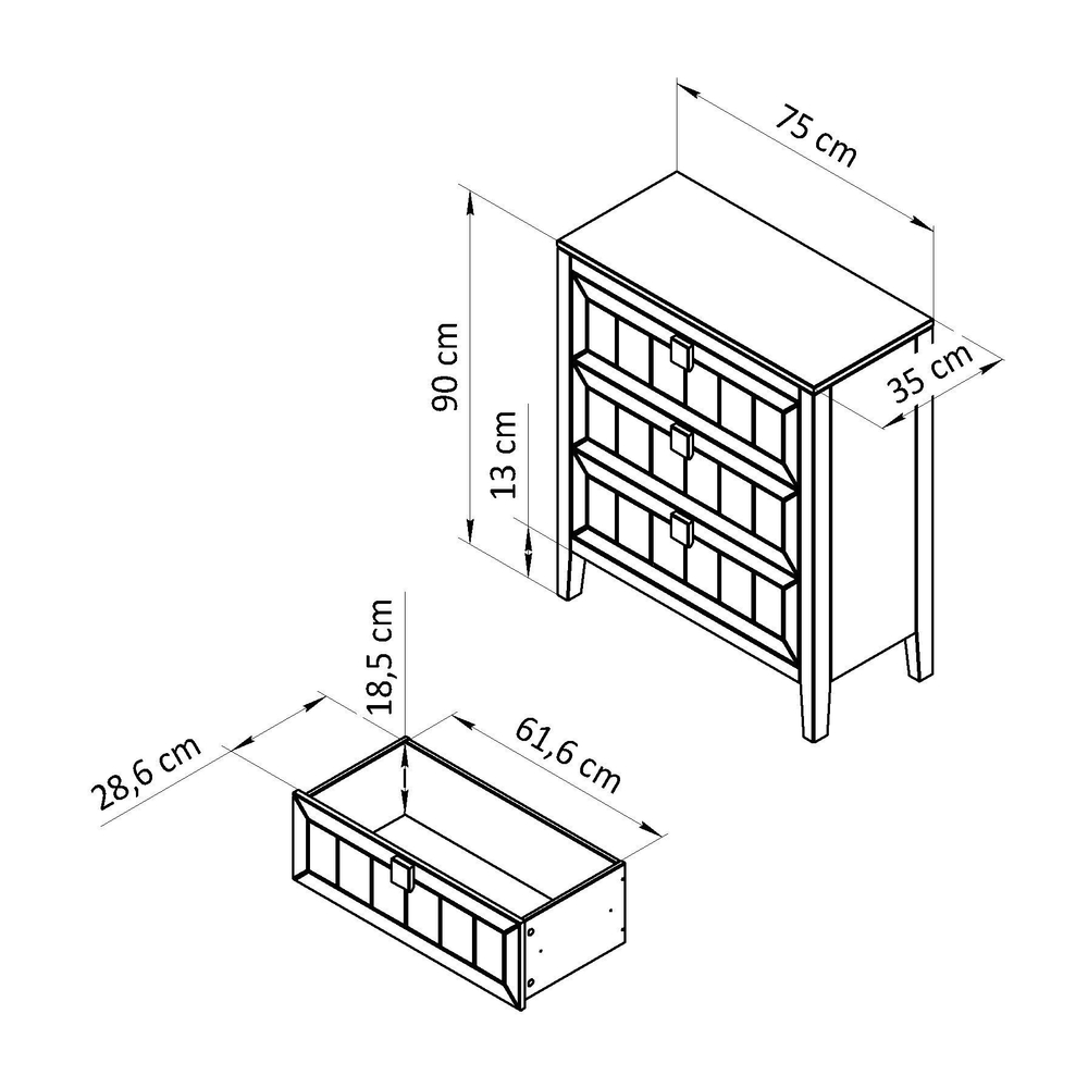 Dipriz Комод дизайнерский Карлос из сосны, 3 ящика, 75х35х90 см, эвкалипт