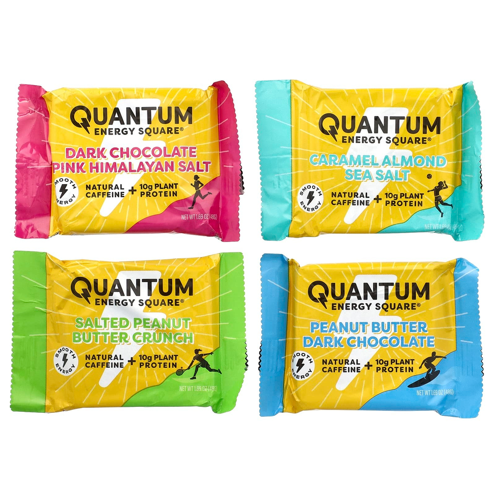 Quantum Energy Square, Протеиновый снек с кофеином, разнообразные, 8 квадратов, 48 г (1,69 унции)