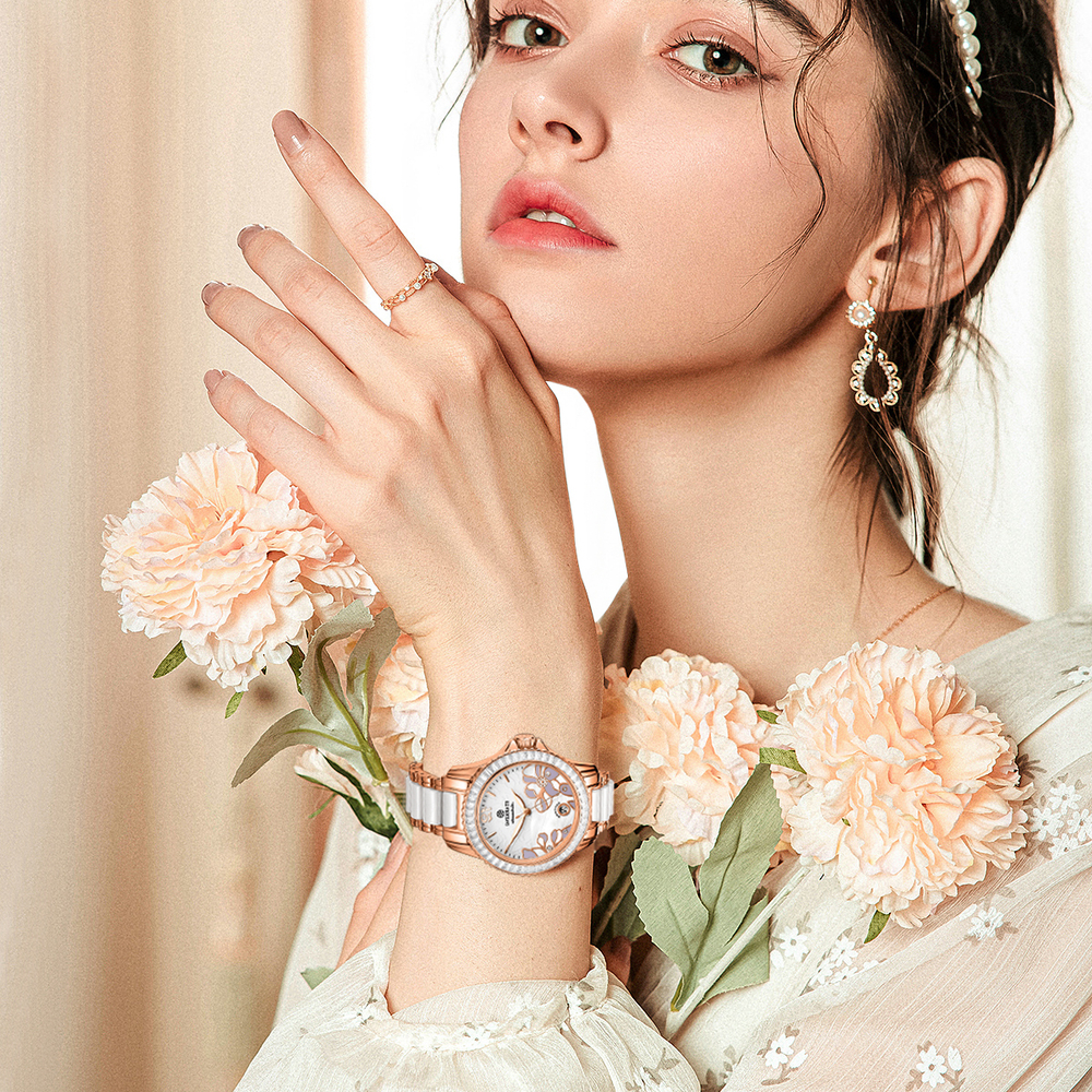 STARKING Bloom Collection Mechanical Movement Ceramic Strap Watch Women"s Watch White Dial