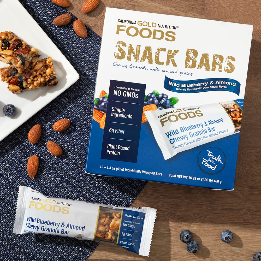 California Gold Nutrition, Foods, жевательные батончики-мюсли с дикой голубикой и миндалем, 12 шт. по 40 г (1,4 унции)