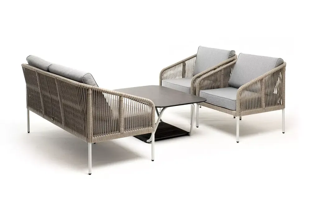 "Канны" лаунж-зона 4-местная из роупа со столом "Глория" (серый гранит), каркас алюминиевый светло-серый, роуп серый меланж