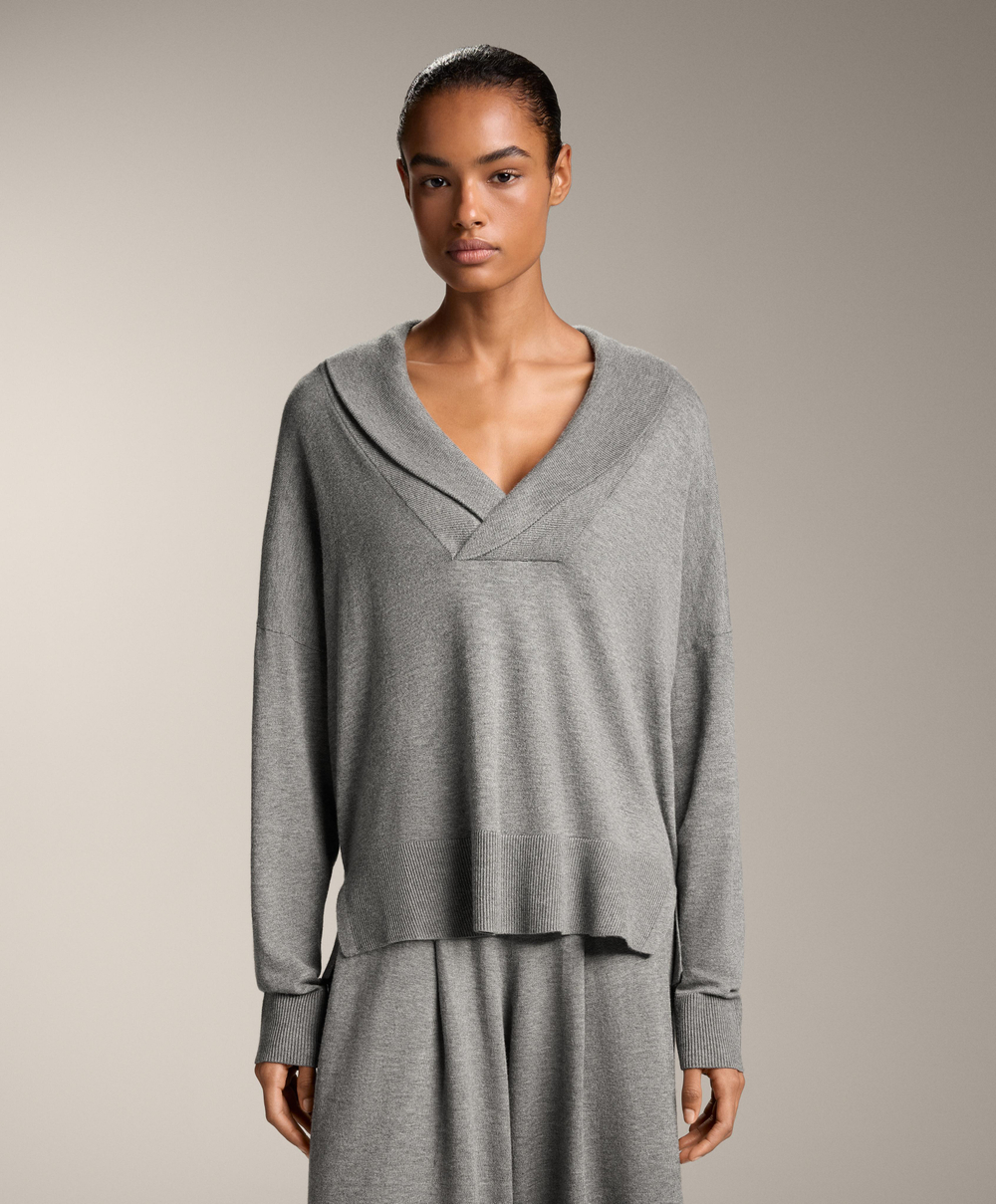 Oysho Джемпер с V-образным вырезом и лацканом, серый меланж
