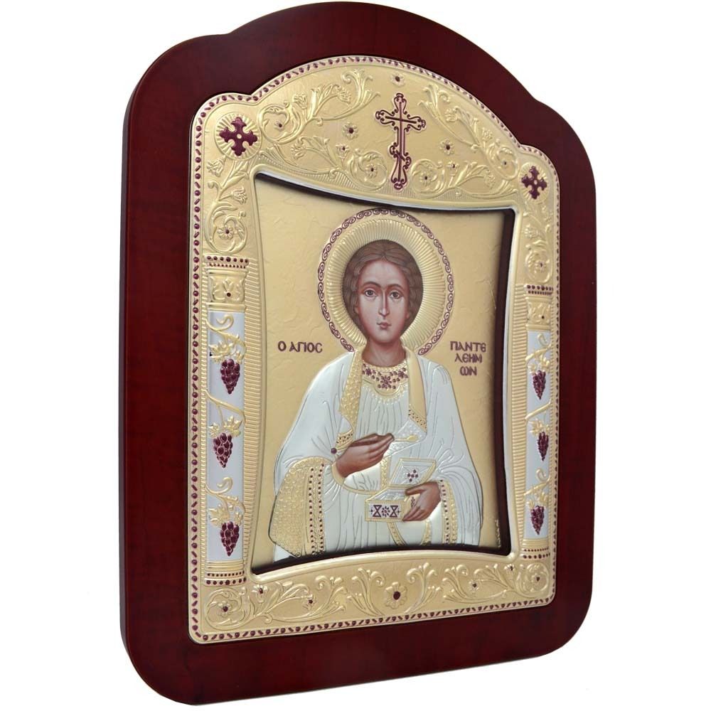 Святой Пантелеймон Целитель. Икона в серебряном окладе.