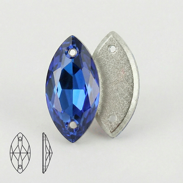 Стразы пришивные из стекла, цвет Sapphire, форма Navette