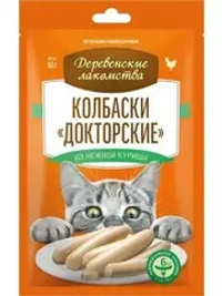Деревенские лакомства колбаски Докторские из нежной курицы, для кошек 6*10г