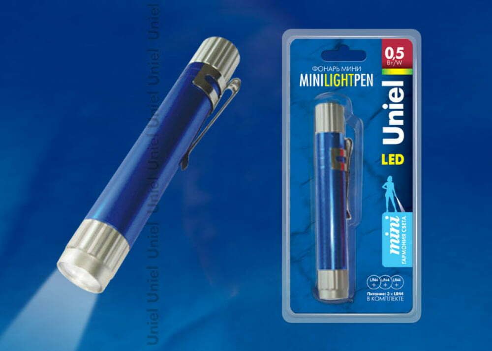 S-LD013-CB Blue Фонарь Uniel серии Стандарт «Mini light pen», алюминиевый корпус, 0,5 Watt LED, упаковка — кламшелл, 3хLR44 в/к, цвет — синий