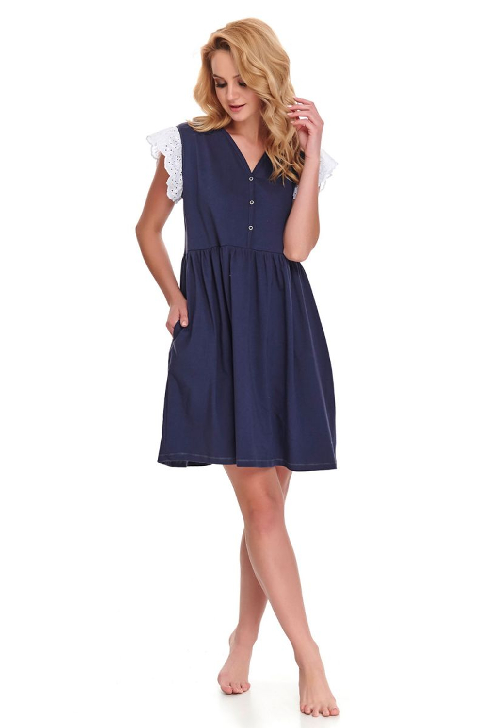 Оригинальная домашняя сорочка с кружевными рукавами (Размер: M) (Цвет: темно-синий)