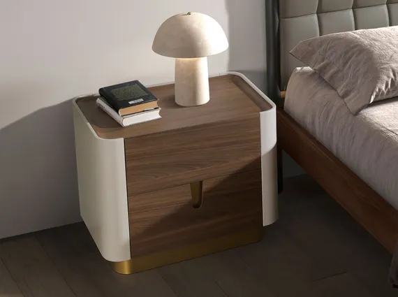 Прикроватная тумбочка 7187 из ореха и лака бежевого цвета