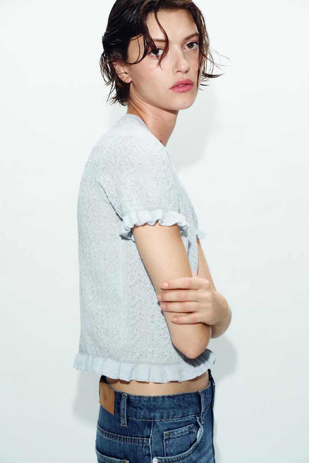 ZARA ВЯЗАНЫЙ КАРДИГАН С ВОЛАНАМИ, ГОЛУБОЙ