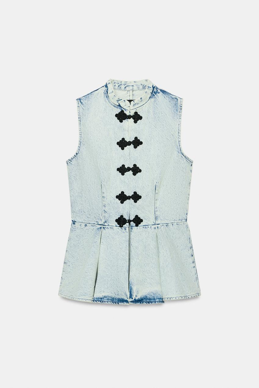 ZARA ДЖИНСОВЫЙ ЖИЛЕТ С НАВЕСНЫМИ ПЕТЛЯМИ — ZW COLLECTION, ГОЛУБОЙ