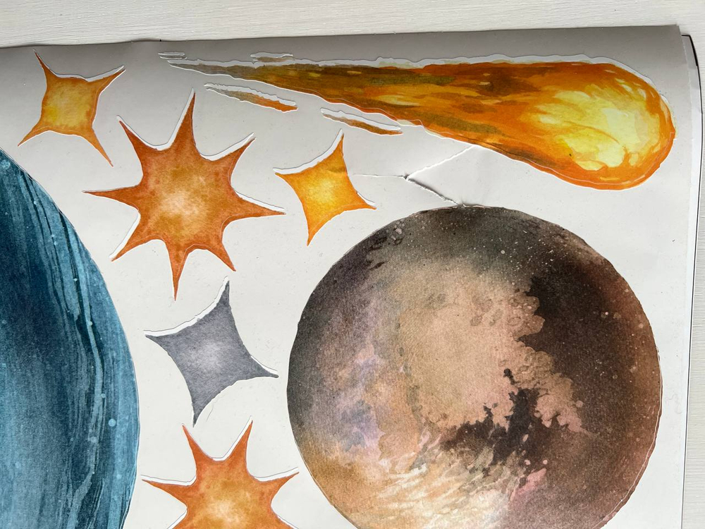 Космос ( порвана подложка в одном месте + небольшой контур у кометы + съехал рез на одной букве)