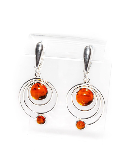 Серьги с натуральным янтарем коньячного цвета "Солнечная система"