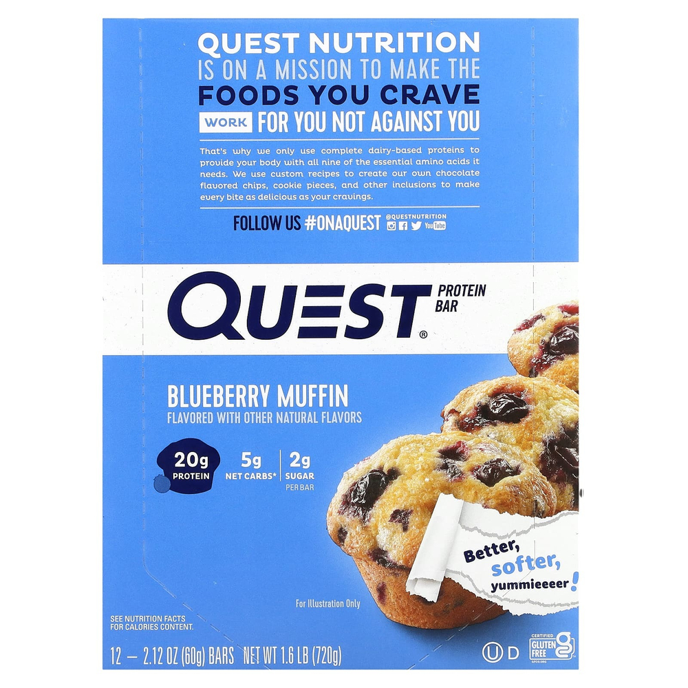 Quest Nutrition, протеиновый батончик, вкус кекса с голубикой, 12 батончиков по 60 г (2,12 унции)