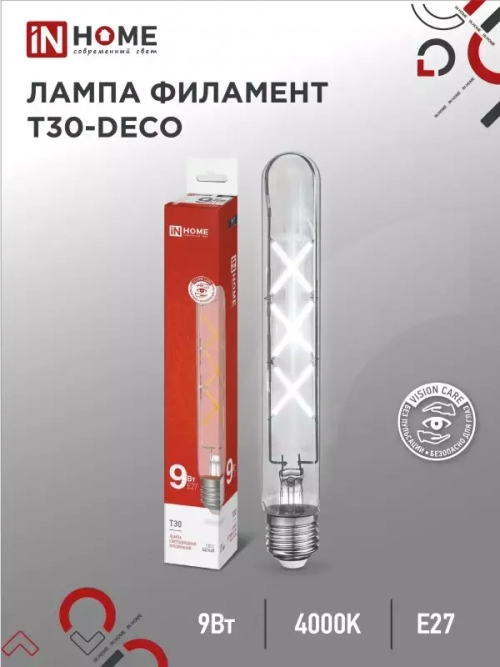 Лампа сд LED-T30-deco 9Вт Е27 4000К 1140Лм 225мм прозрачная IN HOME