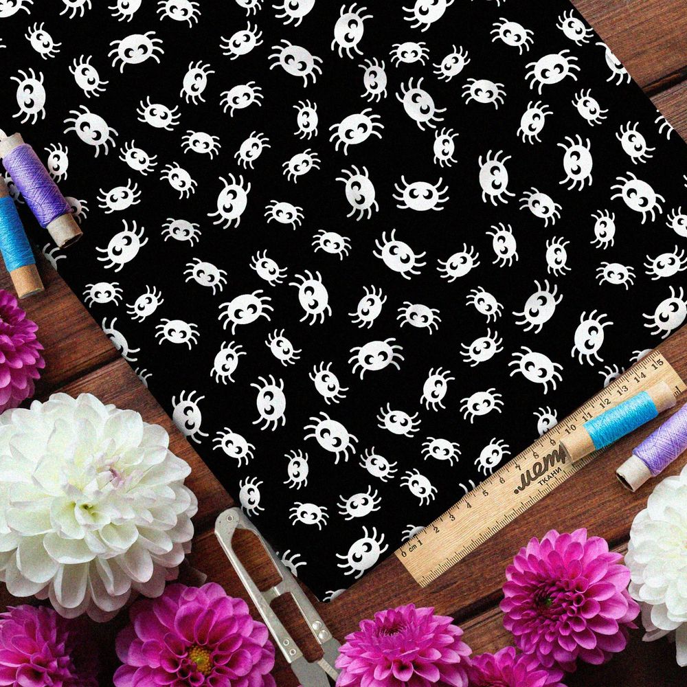 Ткань ниагара белые пауки на чёрном фоне