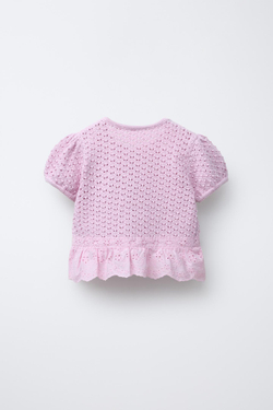 ZARA ВЯЗАНЫЙ КАРДИГАН С БАНТАМИ И КРУЖЕВОМ, РОЗОВЫЙ/ЛИЛОВЫЙ